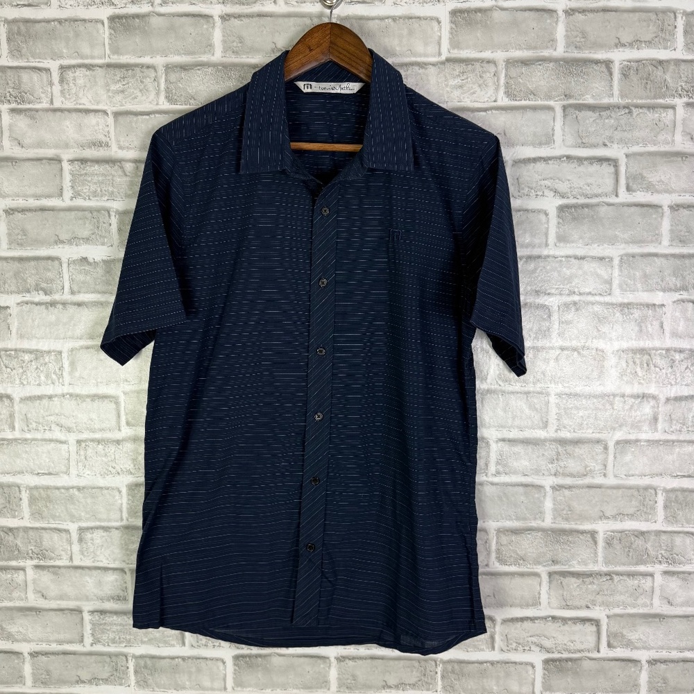 Travis Mathew Dark Navy Blue Short Sleeve Button Up Shirt Mens Medium Poly Blend